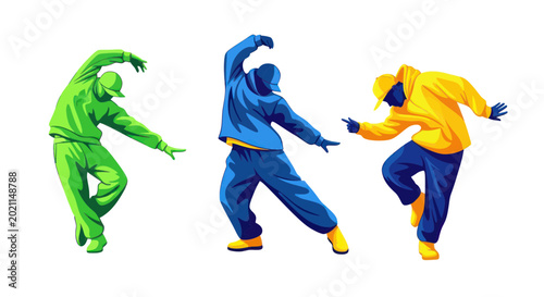 Three Dancers in Bright Outfits Performing Hip Hop Moves