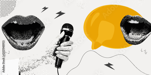 Cuadro en lienzo Microphone held by a hand with open mouths and speech bubbles