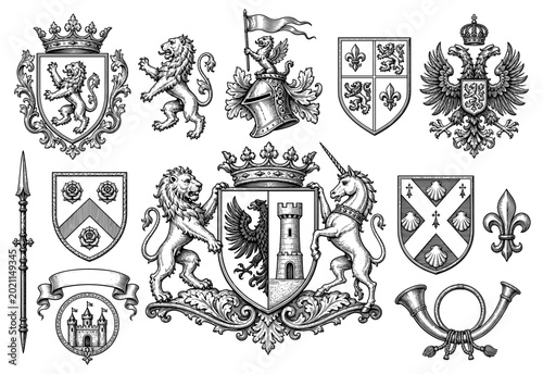 Heraldic crest coat of arms shield with lion eagle unicorn crown