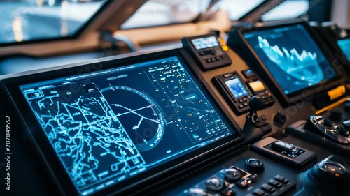 Ship bridge with multiple digital screens and control panels for advanced marine navigation, radar, electronic charting and autopilot systems guiding vessels across open sea