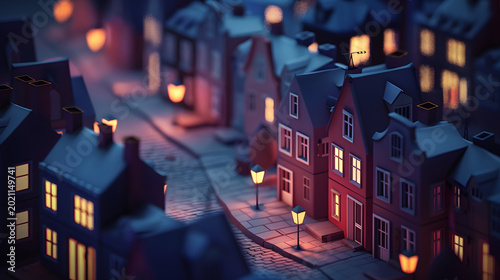 3D isometric low poly waterfront harbor town with boats and lighthouse at night illustration