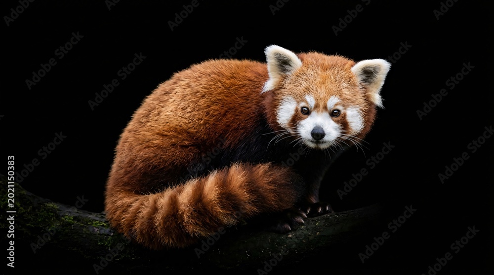 Obraz premium Red Panda Resting on a Mossy Branch with Curious Eyes in a Captivating Wildlife Portrait