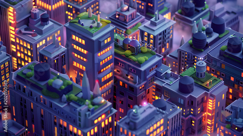 3D isometric low poly city skyscrapers with rooftop gardens at night illustration