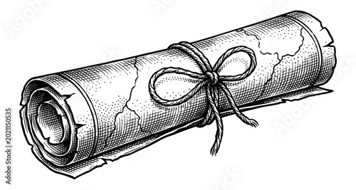 Vintage scroll parchment tied with rope bow engraving style