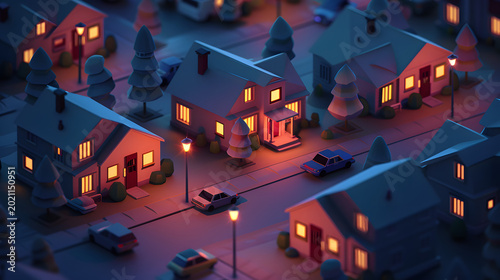 3D isometric low poly suburban neighborhood with cozy houses and cars at night illustration