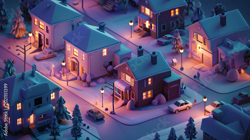 3D isometric low poly suburban neighborhood with cozy houses and cars at night illustration
