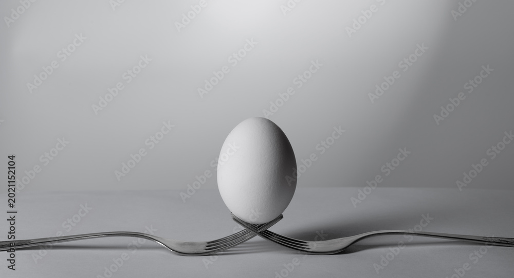 Εκτύπωση καμβά Two forks hold an egg in place, demonstrating balance and purity in a clean and