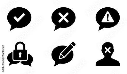 Photos Set of 6 Black Vector Icons: Checkmark, Cross, Warning, Lock, Edit, and Person w