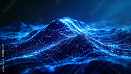 Abstract blue wave mountain range with glowing digital lines and data flow perspective