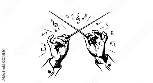 Foto Conductor's Hands Leading Orchestra with Music Notes