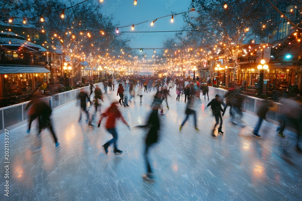 Obraz premium Holiday skating rink crowds dance like fireflies beneath cozy glowing winter lights.