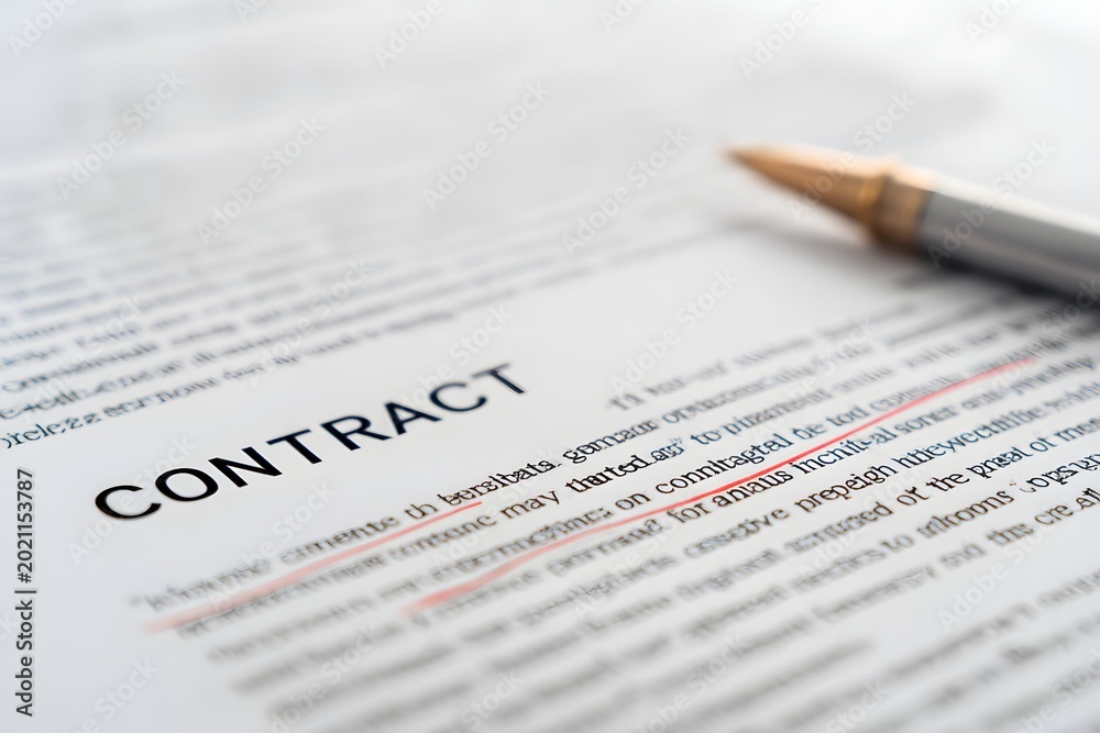 Obraz premium Close-up of a vibrant contract revealing a highlighted, cautious legal disclaimer on a pristine white background.