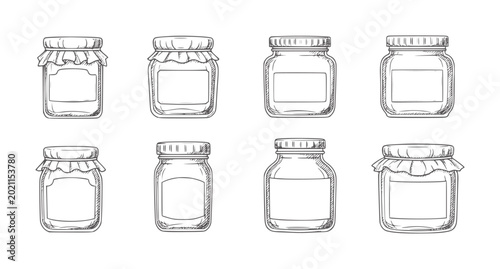 Eight hand drawn glass jars with lids and labels for preserves honey