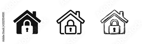 Foto House with Padlock Icon Set for Home Security and Protection