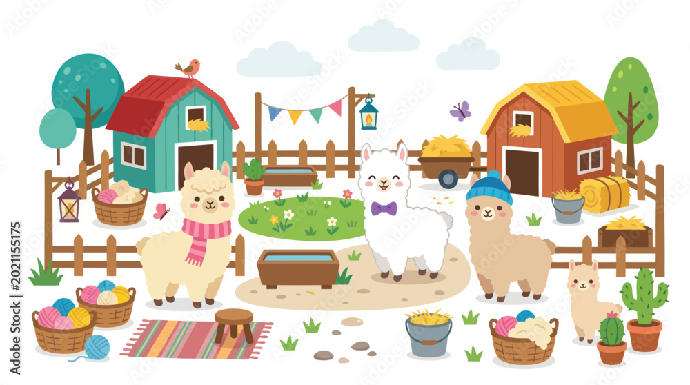 Fototapeta premium Cute Flat Vector Farm Illustration for Kids: Alpacas, Llamas, Barns, Wool Craft Supplies