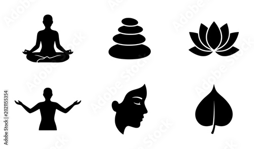 Photography Zen Meditation Icons Set, Wellness Symbols Collection, Yoga Poses, Lotus Flower,