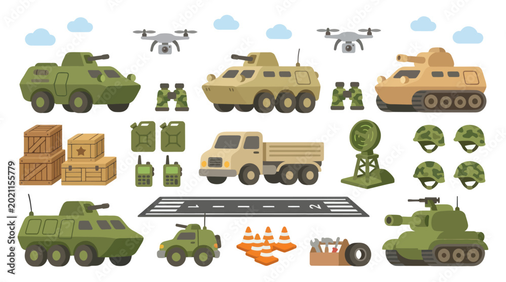 Fototapeta premium Flat Military Vehicles and Equipment Vector Illustration