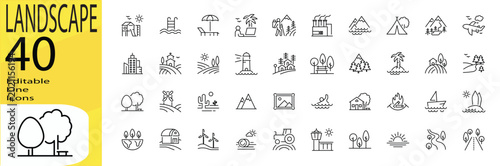 Landscape icon set. Editable stroke.
