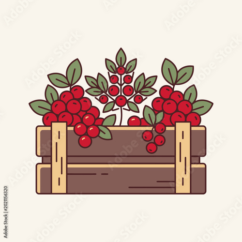 Crate of ripe red berries with green leaves and branches