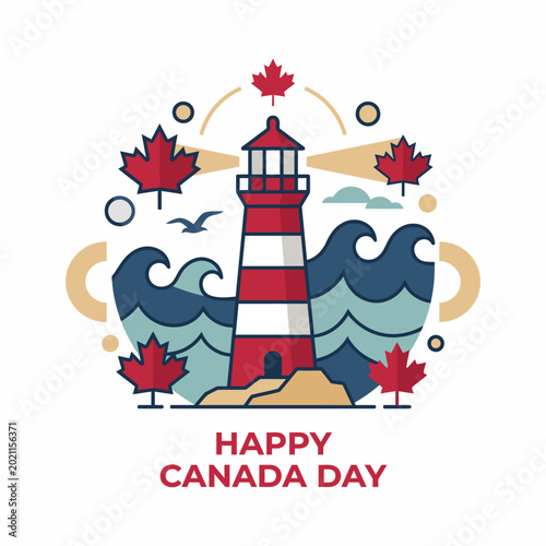 Lighthouse with red and white stripes surrounded by waves and maple leaves