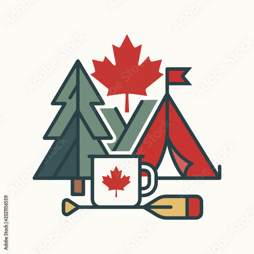 Camping scene with tent, mug, paddle and maple leaf for Canada