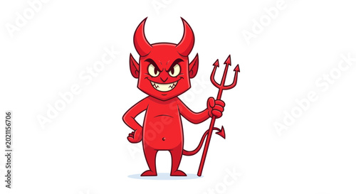 Tableau sur toile Cartoon Devil Character with Trident and Horns, Red Demon Illustration