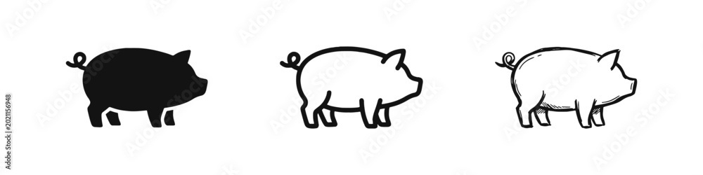 Fototapeta premium Pig Icons in Solid, Outline, and Hand-Drawn Sketch Style