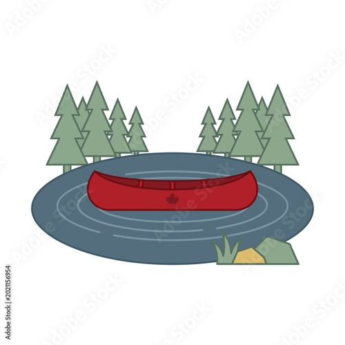 Red canoe floating on a calm blue lake with green trees and a rock formation