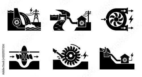 Foto Hydroelectric Power Plant Icons, Renewable Energy Generation Systems, Water Turb