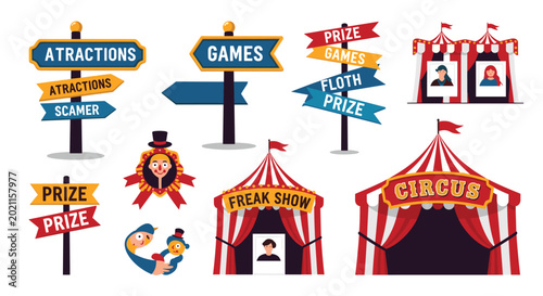 Fun circus carnival elements set featuring colorful tents directional signposts prize ribbons and attraction signs.