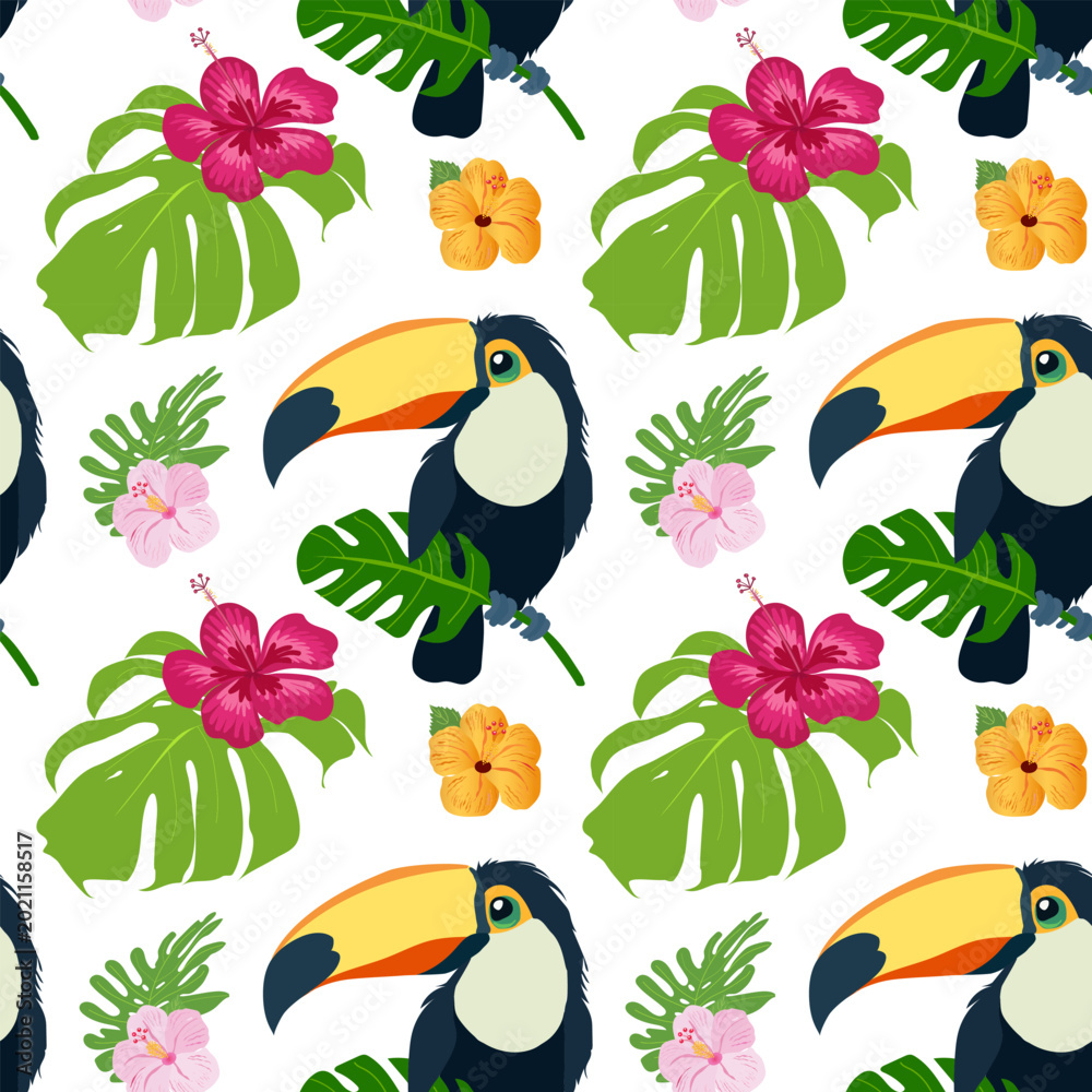 Obraz premium Seamless pattern with toucans, hibiscus flowers and monstera leaves. Bright tropical print in vector style on white background for children's clothing, textiles, wallpapers and summer design.