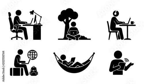 Photos Diverse Remote Work Icons, Freelancer Lifestyle Pictograms, Digital Nomad Activi