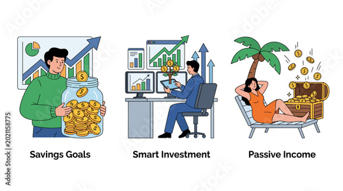 Bild auf Leinwand This compelling illustration represents financial goals with images of savings, smart investments, and passive income, encapsulating the journey towards financial stability