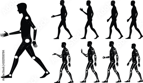 Foto Human motion silhouette set with joints marked for walking animation cycle gait analysis biomechanics and ergonomic studies in medical healthcare or sports science vector illustration