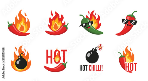 Assortment of hot chili pepper icons features spicy characters with flames, sunglasses, and explosive bomb graphics.