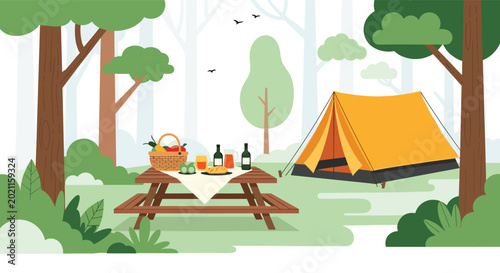 Peaceful camping site in the woods includes an orange tent and a wooden picnic table spread with food and drinks for a meal.