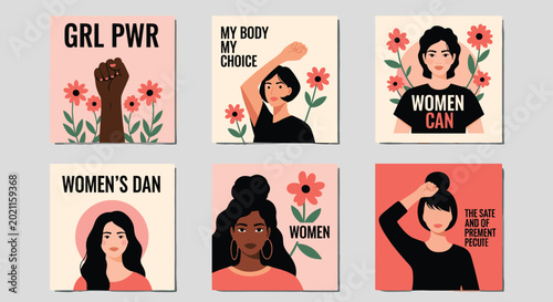 Set of feminist posters advocates for women's rights and empowerment with bold messages and artistic floral illustrations.
