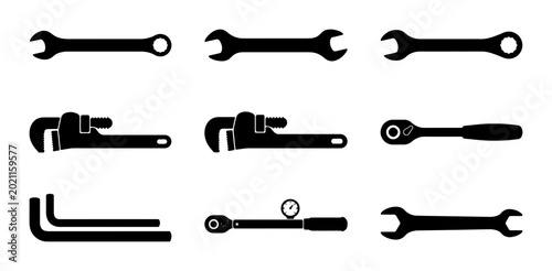 Fotografía Vector Icons Set: Assorted Wrenches, Pipe Wrenches, Ratchet, Torque Wrench, Alle