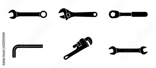 Tableau sur toile Set of Six Black Silhouette Tools: Wrenches, Ratchet, Allen Key, Pipe Wrench for