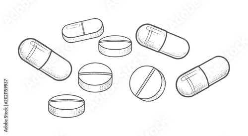 Hand drawn of various pills and capsules white medicine healthcare handdrawn