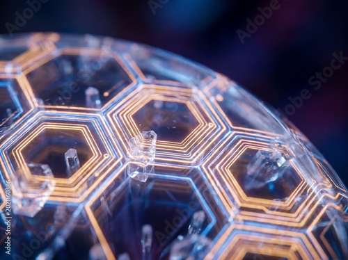 Futuristic Hexagonal Glass Sphere with Glowing Digital Circuits