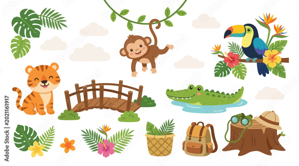 Fototapeta premium Cute jungle animals, plants, and bridge, cartoon illustration, vector