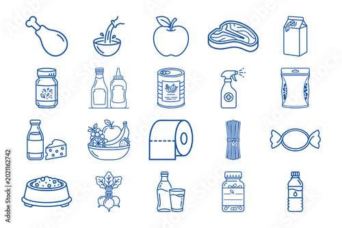 Essential everyday items and groceries represented as blue outline line icons on a clean white background