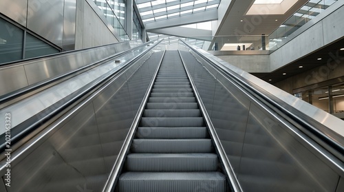 Modern escalator in a bright minimalist building interior
