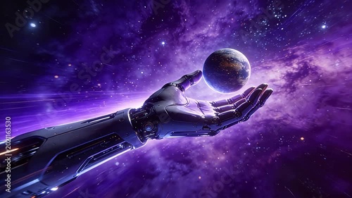 Robotic metal arm holding a glowing planet in deep space background