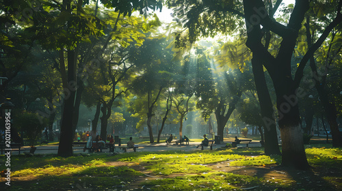 a serene urban forest park with towering old trees providing shade to people relaxing, walking, and enjoying nature in the heart of the city, representing urban biodiversity and green city planning.