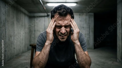 Stressed Man Holding Head in Pain in Dark Concrete Room
