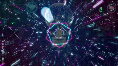 Neon flare sparking pentagons rotating and pulsing over bulb, waveform pulsing and showing idea