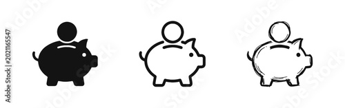 Fotografie Piggy Bank and Coin Savings Icon Set in Three Different Styles