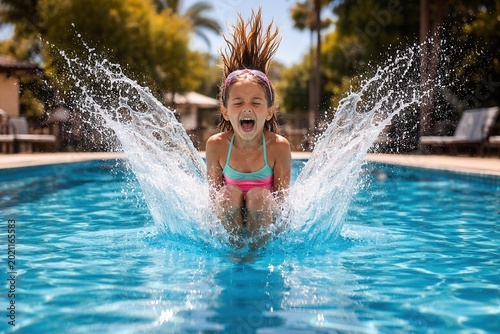Happy child jumping into swimming pool with big splash water summer fun vacation moment